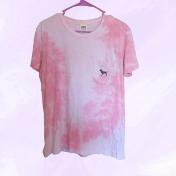 PINK Victoria's Secret tie dye short sleeve t-shirt with pocket in pink black XS - Picture 1 of 7
